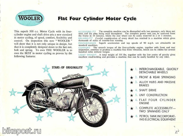 Старинный мотоцикл Wooler Flat Four 1955