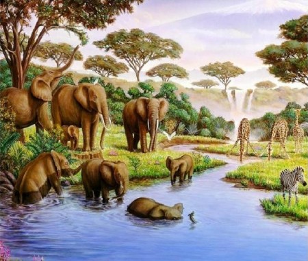 Красивый живописный скринсейвер со слонами и жирафами