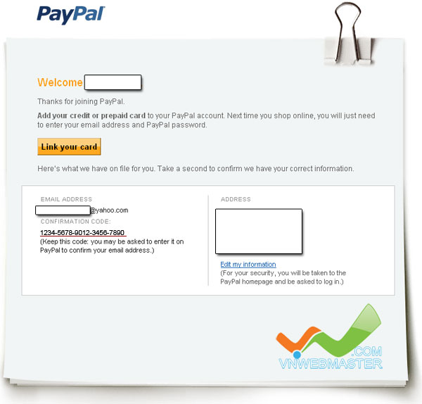 Email hướng dẫn xác nhận thông tin qua email từ Paypal