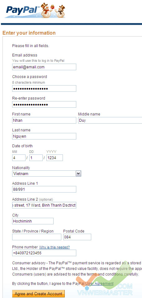 Form đăng ký tài khoản Paypal
