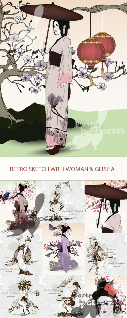 Retro sketch with woman and geisha